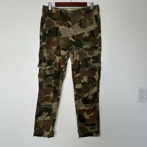 Anthropologie Camo Cargo Pants Size 29 Cotton Linen Blend Green Brown - Picture 1 of 13